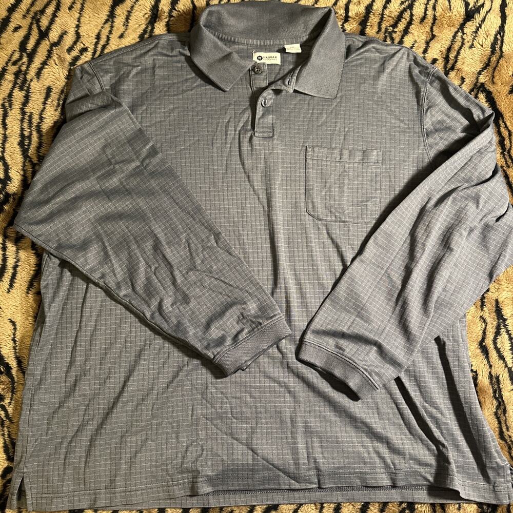 Haggar Mens XXL Long Sleeve Polo Shirt Cotton Blend Textured Pocket Casual EUC